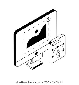 Here is an isometric outline icon of graphic designing