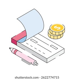 Here is an isometric outline icon of payment cheque