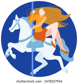 Here is a joyful girl on a merry-go-round, a horse. Used flat cartoon style.