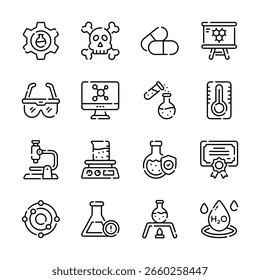 Aqui está uma última coleção de ícones de laboratório de ciência e linha de química