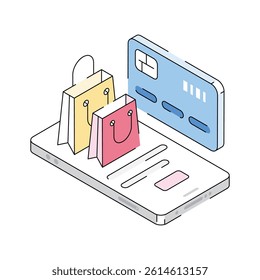Here is a latest isometric style icon showing online card shopping