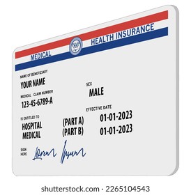 Here is a mock, generic, 2023 Medicare Health Insurance card. It does not use the word Medicare on the card but resembles a real Medicare card. This is a 3-d illustration.