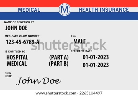Here is a mock, generic, 2023 Medicare Health Insurance card. It does not use the word Medicare on the card but resembles a real Medicare card. This is a 3-d illustration.