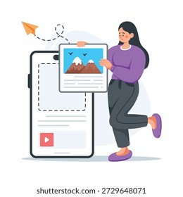 Here is a modern illustration of a student uploading project online, flat vector