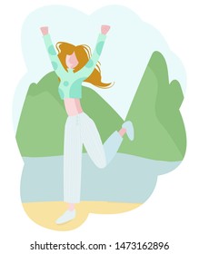 Here is a picture of a happy woman in a jump. It stands against the mountains and the river.