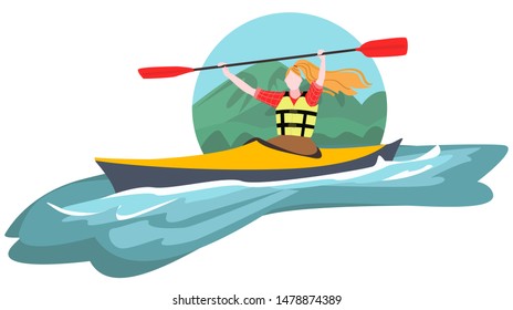 Here is a picture of a woman who won a kayak race. The objects in the picture are isolated, made in motion. Used flat cartoon style.