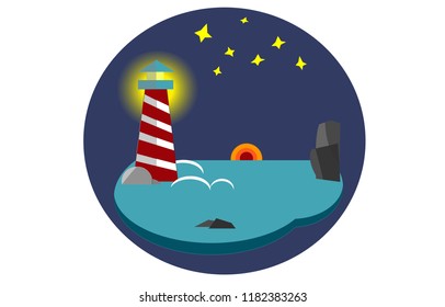 Here is a round icon with a light house. The lighthouse stands at sea. It is surrounded by stones and waves. The stars shine in the sky.