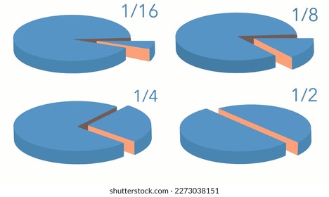 Here is a selection of isometric vector pie charts that show slices of pie that are one-sixteenth, one-eighth, one-quarter and one half of the pie. That is numerically 116, 18, 14 and 12. 