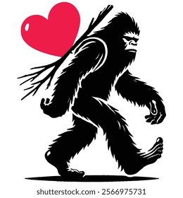 Here is the silhouette vector illustration of Bigfoot carrying a large red heart in a Valentine's Day theme. Let me know if you'd like any adjustments!