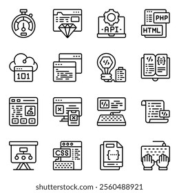 Here are some cool icons in the pack of programming. Modern style vectors are isolated on white background depicting the concept of web and development in the form of various icons. 