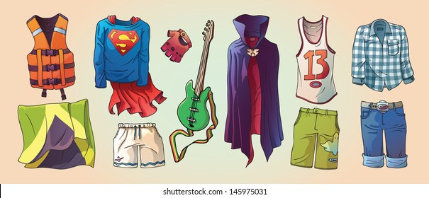 Here are the some original cartoon vector clothes, the life vest, Jamaican flag and the bass guitar.