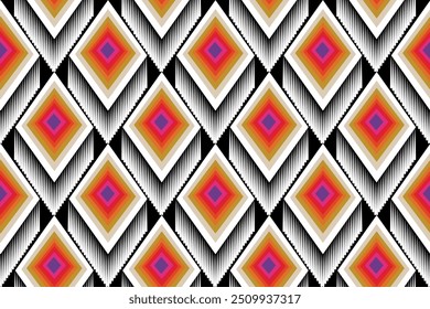 Here are some suggested tags for your artwork:

colorful geometric pattern, diamond shapes, vibrant textile design, abstract art, ethnic-inspired, modern pattern, optical illusion, contemporary design