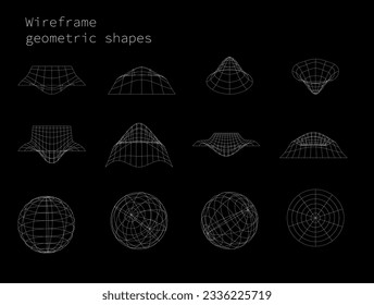 Hier sehen Sie einige geometrische Drahtrahmen-Formen auf weißem Hintergrund, die perfekt für Ihre Projekte sind. Diese polygonalen Formen sind 3D und werden in Vektorgrafik dargestellt.