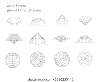 Hier sehen Sie einige geometrische Drahtrahmen-Formen auf weißem Hintergrund, die perfekt für Ihre Projekte sind. Diese polygonalen Formen sind 3D und werden in Vektorgrafik dargestellt.