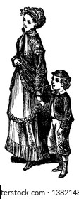 Here in this image the mother is holding the hand of her infant and strolling on the streets, vintage line drawing or engraving illustration.