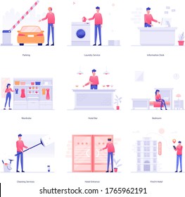 Here We Bring A Pack Of Flat Illustrations That Portray Activities Going On Inside The Hotel. A Cool Pack With Detailing In Each Vector. Happy Designing!