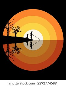 Aquí hay una puesta de sol de la naturaleza salvaje que es un diseño gráfico de círculos concéntricos. Un hombre pesca al atardecer con su fiel perro a un lado en una ilustración vectorial.