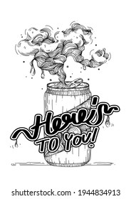 "Here to ypu!" a can with bubble on the white background, hand-written, quote and font style, lettering, drawing, outline, calligraphy, black and white