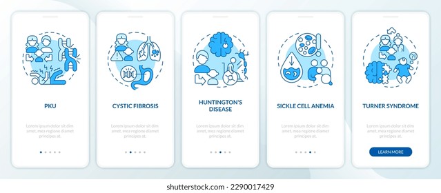 Hereditary diseases blue onboarding mobile app screen. Walkthrough 5 steps editable graphic instructions with linear concepts. UI, UX, GUI template. Myriad Pro-Bold, Regular fonts used