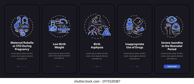 Hereditary hypoacusis onboarding mobile app page screen with concepts. Ototoxic drugs usage walkthrough 5 steps graphic instructions. UI, UX, GUI vector template with linear night mode illustrations