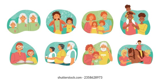 Heredity people flat set with isolated compositions of children adults and elderly people representing different symptoms vector illustration