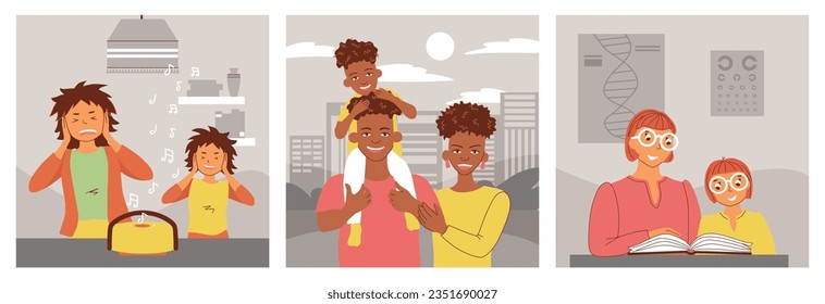 Heredity people flat set of three square compositions with doodle style characters of unhappy family members vector characters
