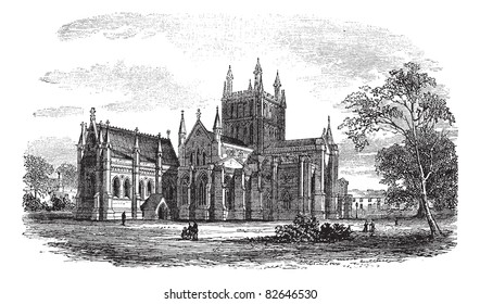 Hereford Cathedral,England vintage engraving. Old engraved illustration of historic hereford cathedral,England, 1800s. Trousset encyclopedia (1886 - 1891).