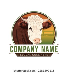 Hereford cattle farm vintage style logo design idea on white background