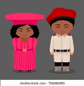 Herero people in national clothes. Man and woman in traditional costume. Cute cartoon characters. Travel to Namibia. Vector flat illustration.