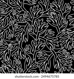 Here's a line art pattern of tropical rainforest plants. It repeats, and you can use it for textiles or as a background. repeating pattern.