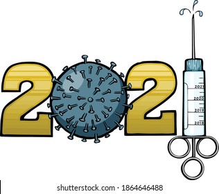 Here's to next year seeing the eradication of the pandemic with a new vaccine. This design feature 2021 composed of a face mask and syringe.  svg