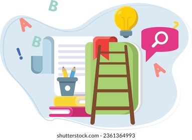 Here's a notebook , ladder,some books,and stationary jar.