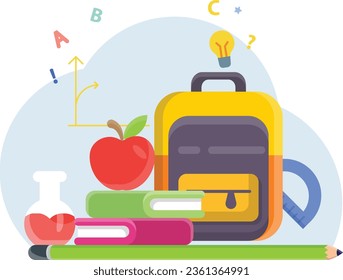 Here's a school bag, some books and an apple on top of them
