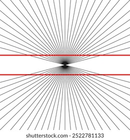 Ilusión de Hering Ilusión óptica gráfica de Vector. Las líneas rojas son paralelas, pero parecen abombarse hacia afuera