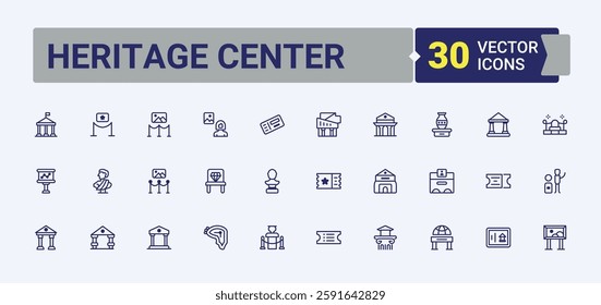 Heritage Center icon set. Contain linear outline icons historical, guide, expo, culture, al, sculpture, museum and more. Pixel perfect. Editable solid and line vector art.