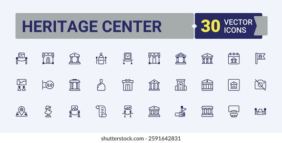 Heritage Center icon set. Contain linear outline icons historical, guide, expo, culture, al, sculpture, museum and more. Pixel perfect. Editable solid and line vector art.