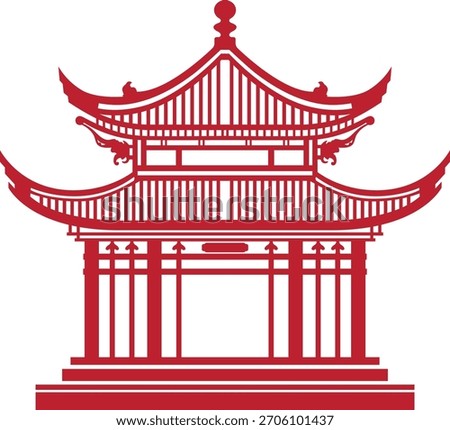 Heritage Chinese Pavilion Vector Design with Symmetrical Structure, Decorative Roof Layers, and Minimalist Line Art Style