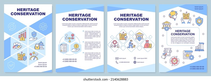 Heritage Conservation Blue Brochure Template. Landmark Restoration. Leaflet Design With Linear Icons. 4 Vector Layouts For Presentation, Annual Reports. Arial-Black, Myriad Pro-Regular Fonts Used