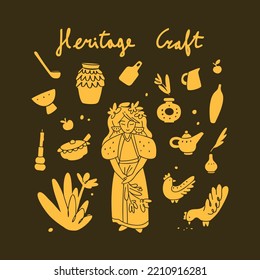 Heritage Craft Collection. Folk Art Hand Made Ceramic Decor. Lino Cut Style Vector Set. Village Girl Feeds Chickens In The Garden Illustration.