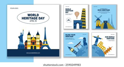 Heritage Day Social Media Post with Cultural Landmarks in a Flat Cartoon Illustration