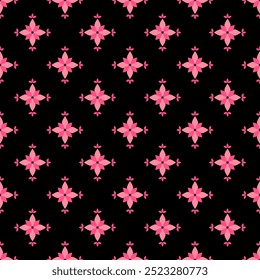 Heritage Ethnic Geometric Pink Flower Traditional Seamless Pattern Vector Embroidery on Black Background. pink embroidery, print striped
ornament floral, design for wrapping, silk, scarf, hand draw.