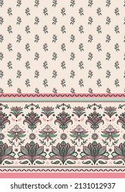 Heritage floral tile seamless repeat pattern with damask border print. Vector flowers, ethnical boho shapes, stripes and dots background motif.