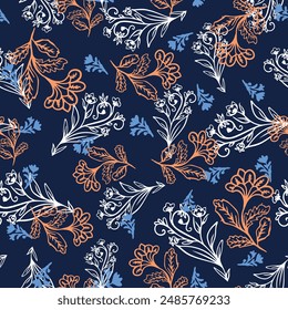 Heritage flowers with leaves seamless repeat pattern. Random placed, vector botanical aop all over surface print on dark blue background.