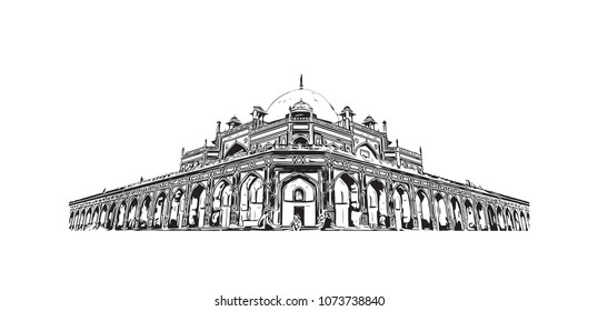 Heritage landmark with street view of Delhi, capital of India. Hand drawn sketch illustration in vector.
