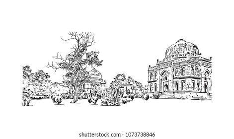 Heritage landmark with street view of Delhi, capital of India. Hand drawn sketch illustration in vector.