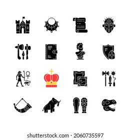 Heritage and museum black glyph icons set on white space. Medieval times. Excavated treasure. Middle ages. Historic building. Ancient jewelry. Silhouette symbols. Vector isolated illustration