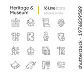 Heritage and museum linear icons set. Medieval times. Excavated treasure. Middle ages. Historic building. Customizable thin line contour symbols. Isolated vector outline illustrations. Editable stroke