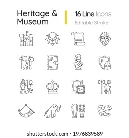 Heritage and museum linear icons set. Medieval times. Excavated treasure. Middle ages. Historic building. Customizable thin line contour symbols. Isolated vector outline illustrations. Editable stroke