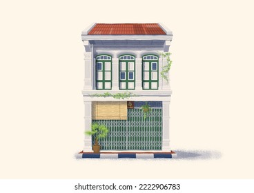 Heritage Nanyang Kopitiam Shophouse Facade Flat Illustration.