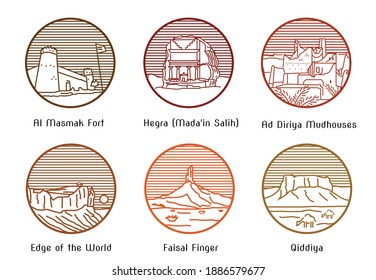 Heritage and Natural Landmarks of Saudi Arabia done in Line art style concept. Editable Clip Art.